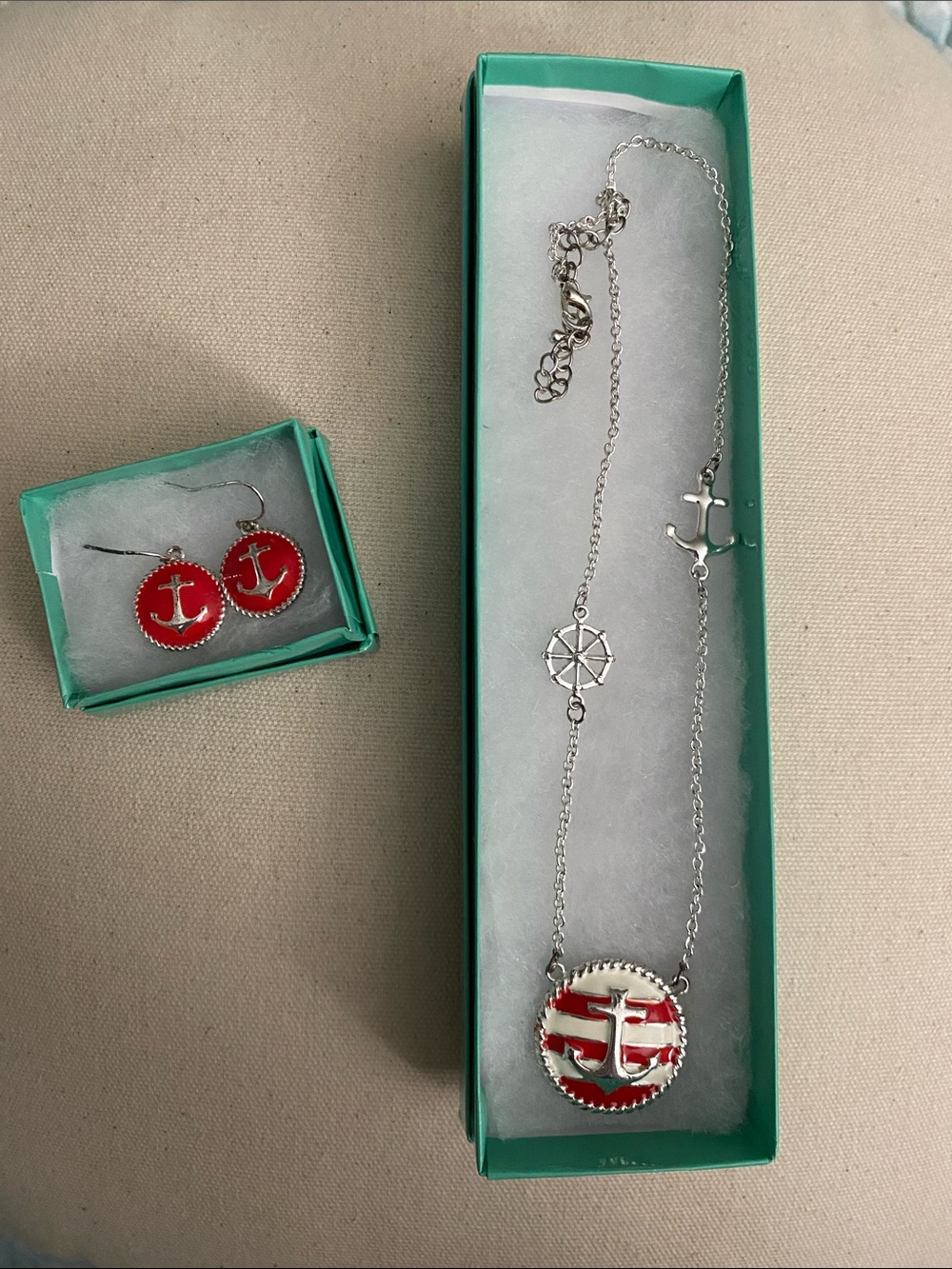 Silver-Tone Nautical Anchor with Red Enamel Accents - Necklace and Earrings Set
